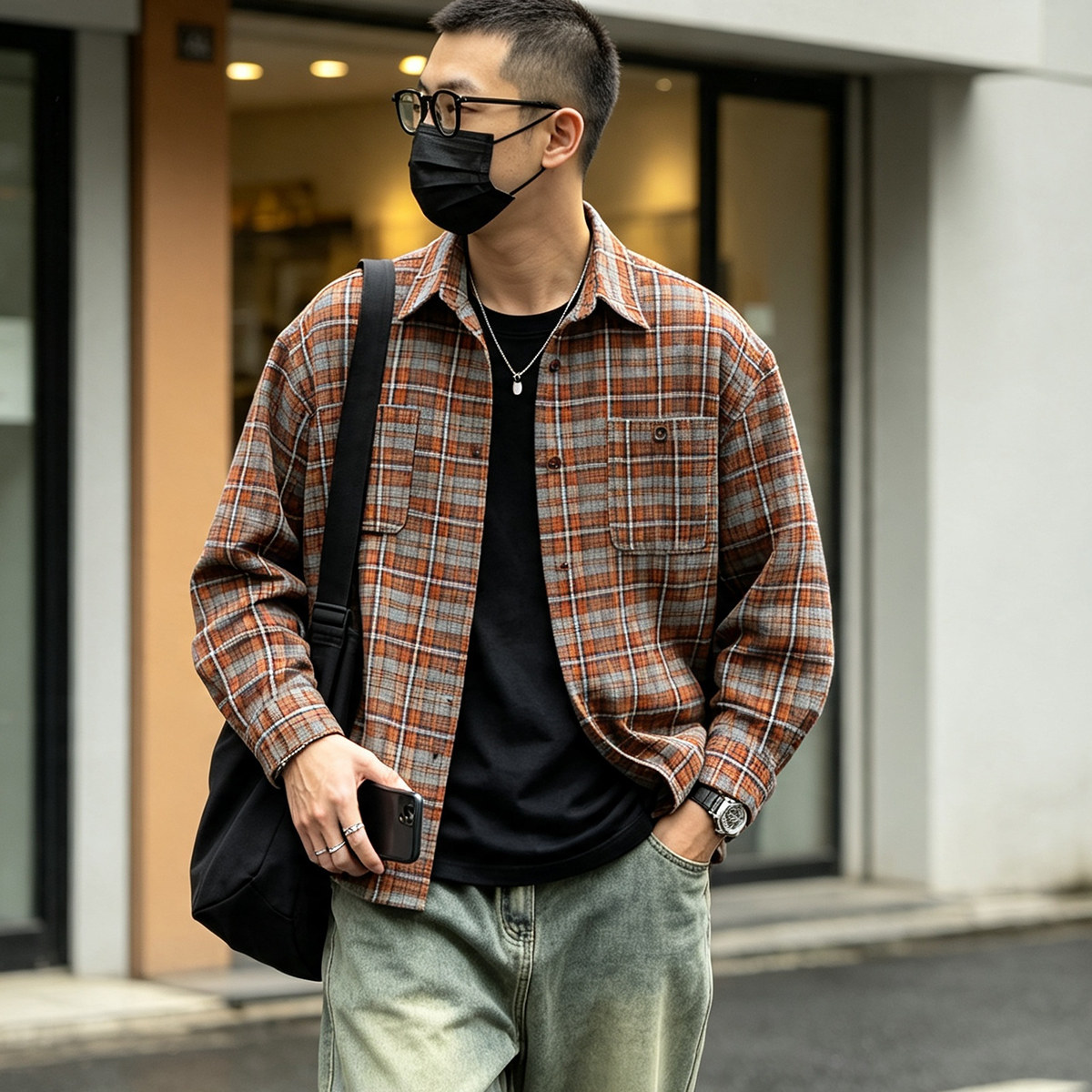 复古格子男宽松长袖衬衫