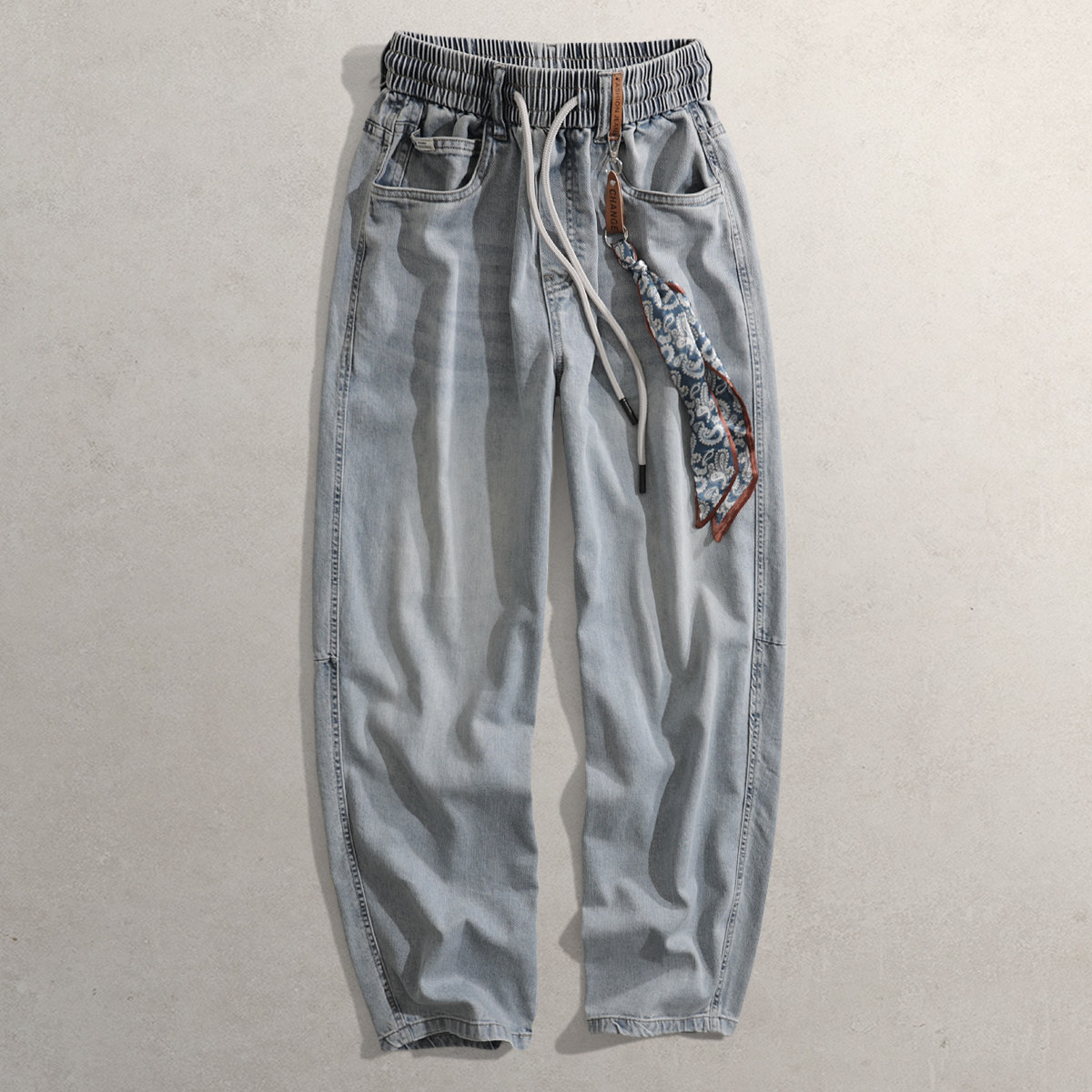 2026春夏新款复古水洗牛仔裤CG男装松紧腰系带弯刀裤宽松直筒长裤