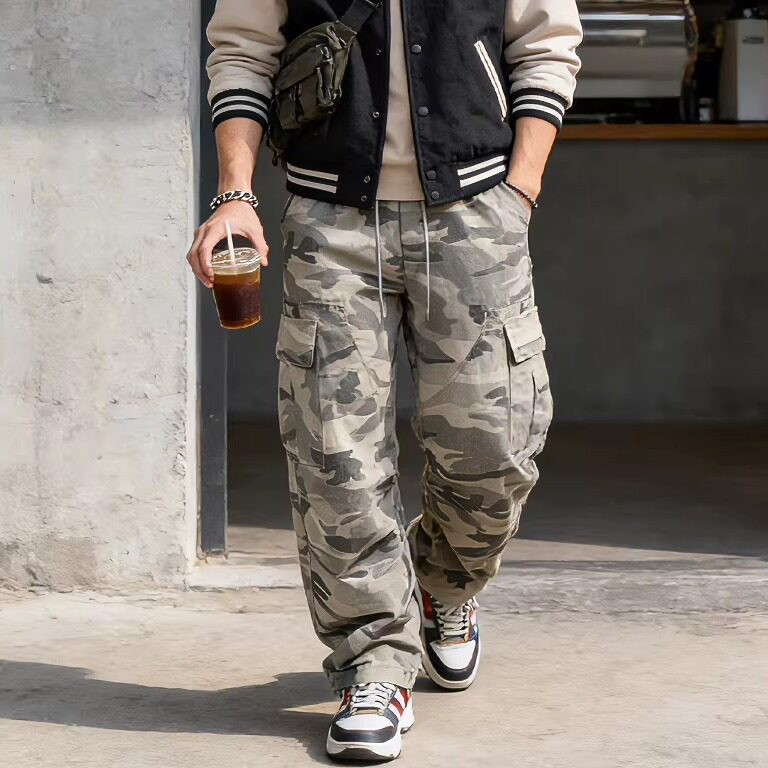 2026春夏工装风松紧腰多口袋休闲裤SL男装宽松直筒直板裤迷彩长裤