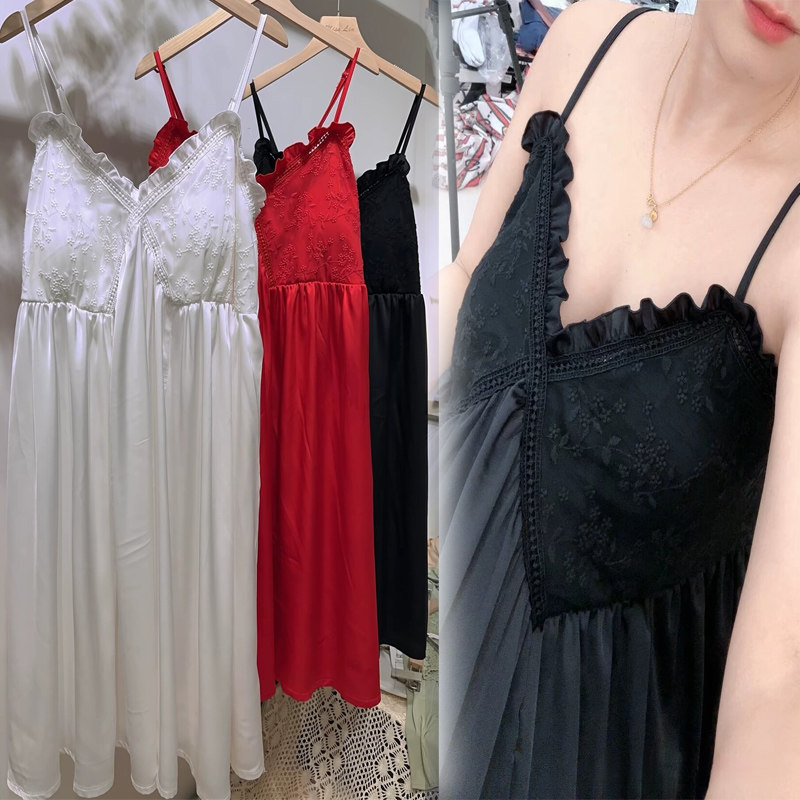 2023新款大码仿真丝纯色性感吊带蕾丝绣花家居裙带胸垫加肥睡裙潮,女士内衣/男士内衣/家居服,睡裙,淘宝优惠券,粉丝福利购,淘宝优惠卷
