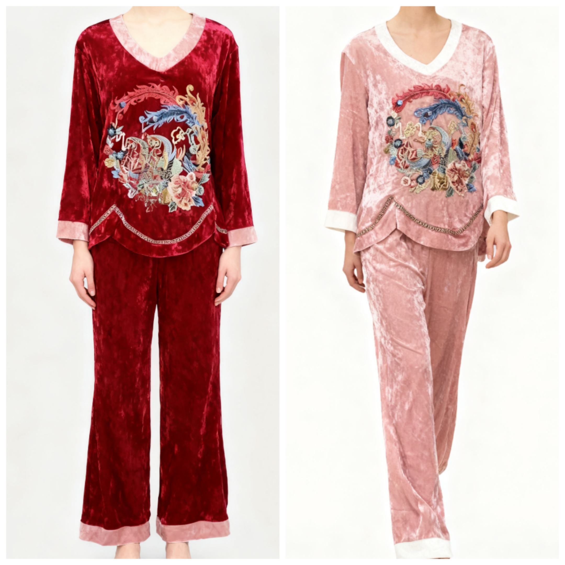 2025冬新款大码钻石绒民族风绣花家居服套装红色本命年加肥睡衣女
