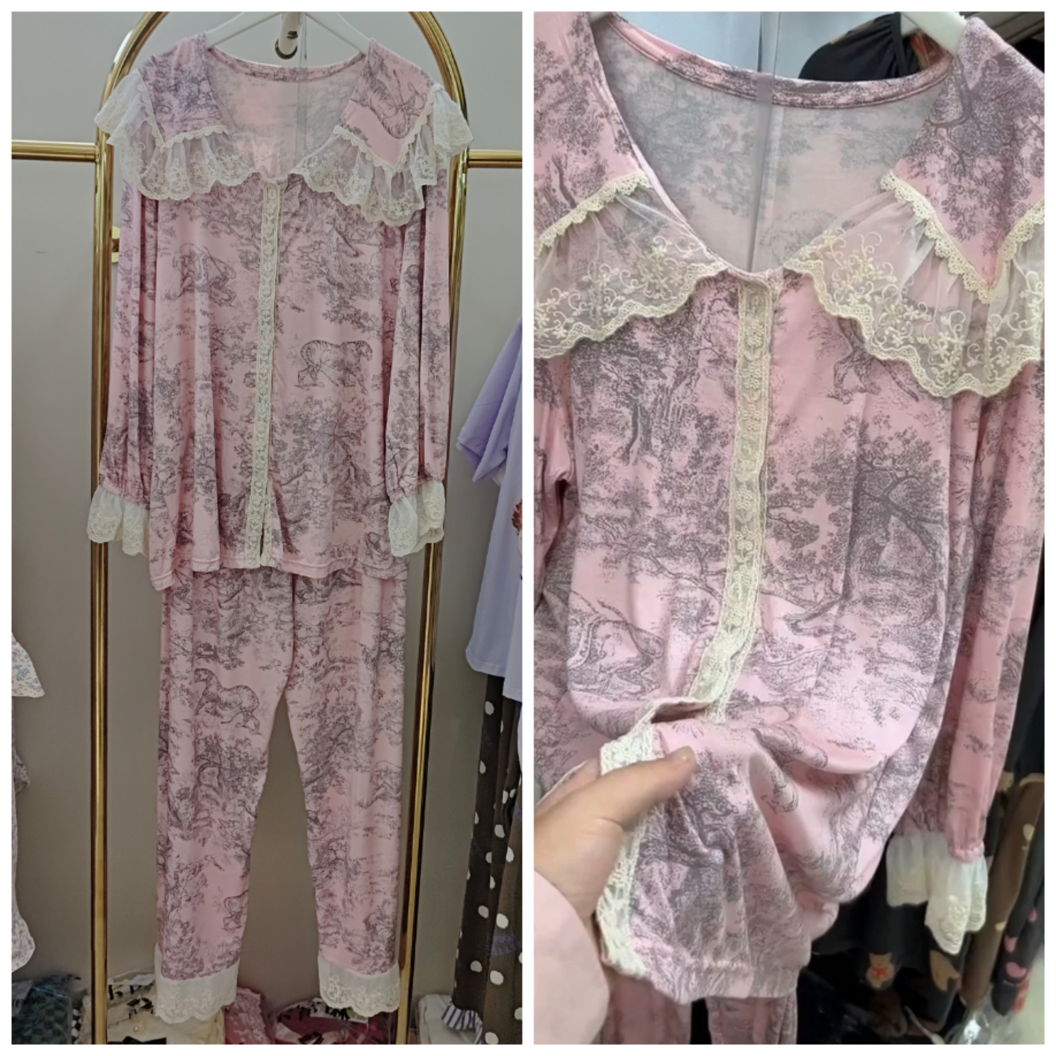 2024秋冬新款大码纯棉莫代尔蕾丝拼接甜美可爱家居服套装加肥睡衣