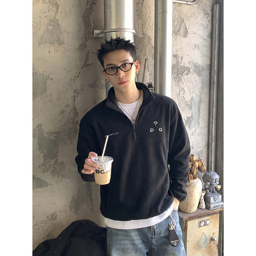 PLTH*美式复古华夫格半拉链卫衣春款立领刺绣标宽松休闲长袖上衣