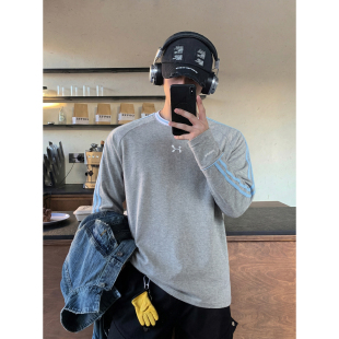 T恤男小标刺绣宽松百搭潮流长袖 街头撞色条纹插肩袖 上衣 美式 PLTH