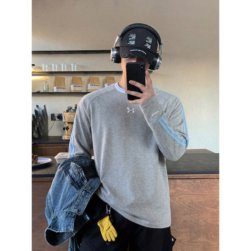 PLTH*美式街头撞色条纹插肩袖T恤男小标刺绣宽松百搭潮流长袖上衣