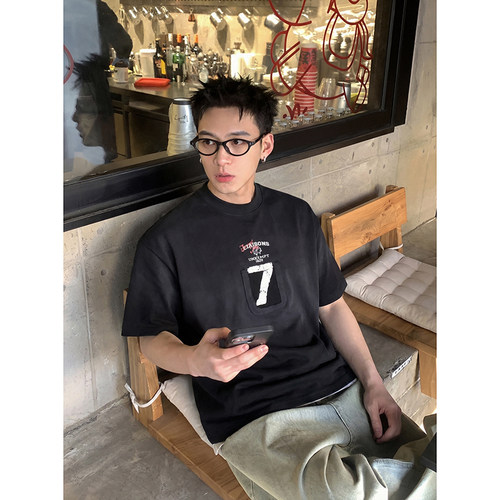 PLTH夏季渐变做旧数字7贴布T恤美式街头字母印花宽松短袖男女同款