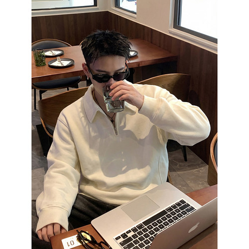 PLTH*美式复古半拉链翻领卫衣春季宽松休闲cityboy风重磅长袖上衣