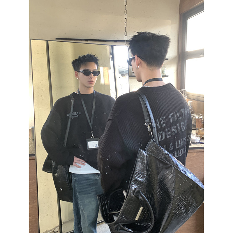 PLTH*美式复古袖口破洞做旧喷墨设计重磅圆领痞帅oversize针织衫