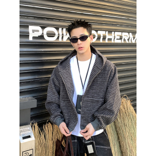 秋冬宽松重磅休闲情侣外套 卫衣男女同款 PLTH 复古条纹拉链开衫