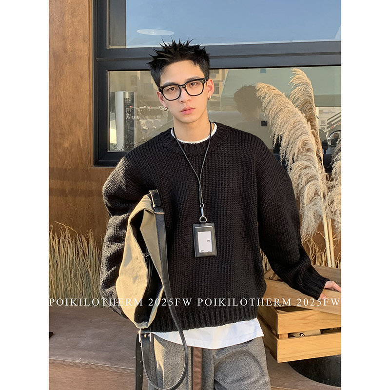 PLTH*美式复古重磅手工编制圆领毛衣男cleanfit慵懒加厚粗针织衫