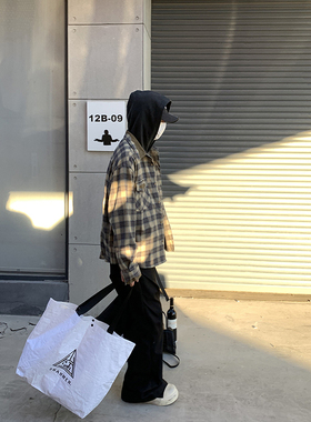 PLTH*美式复古绿色拼接格子设计感宽松衬衫春季长袖上衣情侣百搭