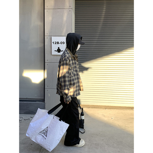 PLTH*美式复古绿色拼接格子设计感宽松衬衫春季长袖上衣情侣百搭