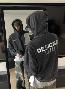 PLTH*美式高街原创做旧字母印花重磅连帽卫衣宽松休闲慵懒风上衣