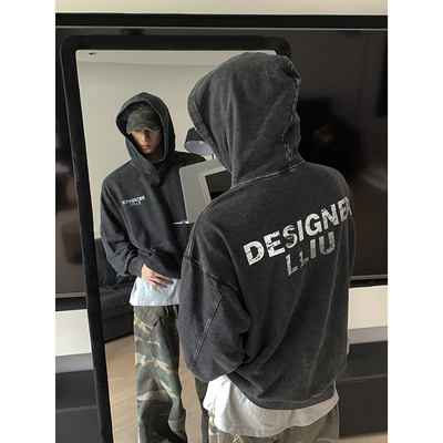 PLTH*美式高街原创做旧字母印花重磅连帽卫衣宽松休闲慵懒风上衣