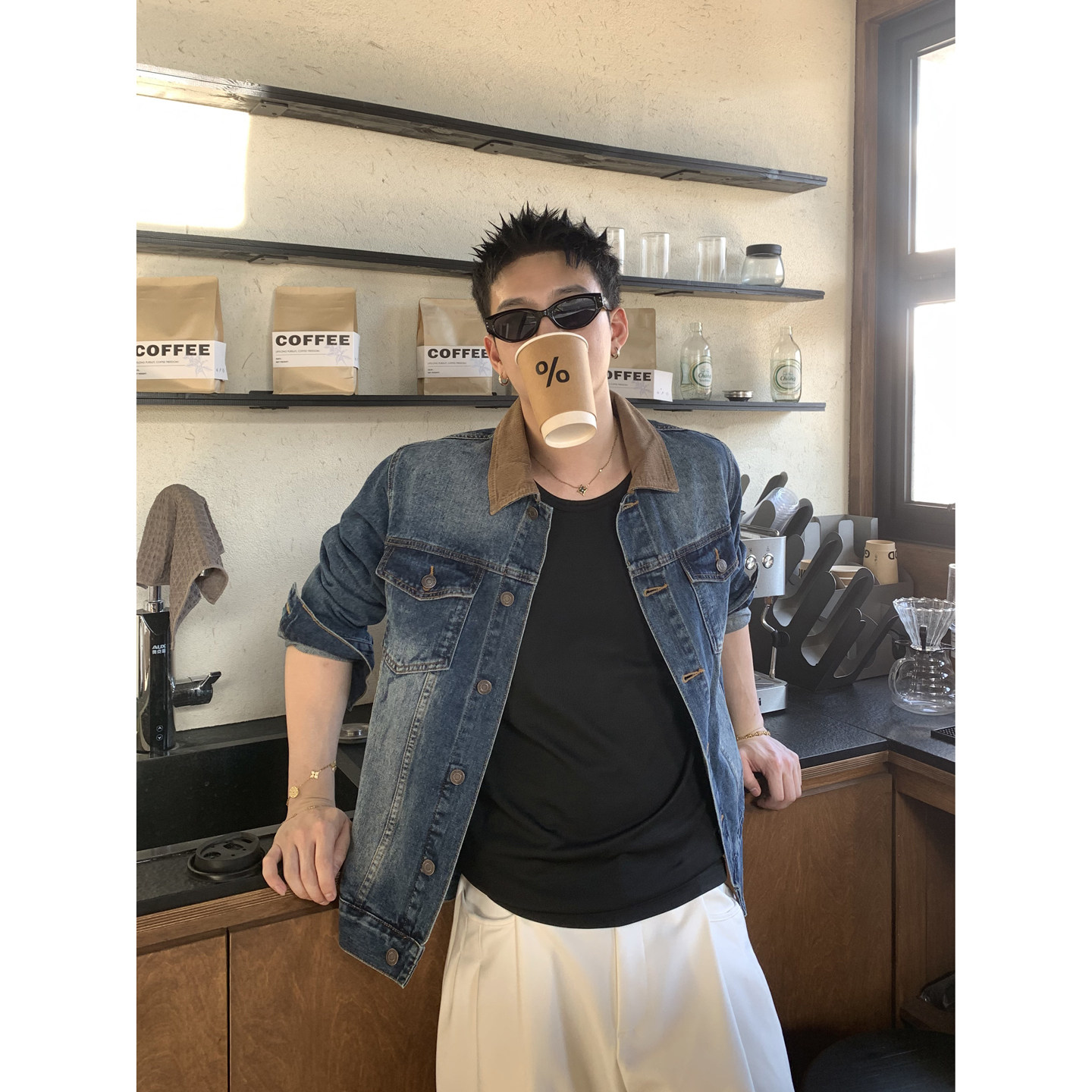 PLTH*秋季vintage撞色领牛仔外套男水洗磨白灯芯绒翻领宽松夹克潮