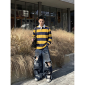 PLTH 复古百搭打底衫 撞色条纹Polo卫衣男潮宽松休闲长袖 翻领美式