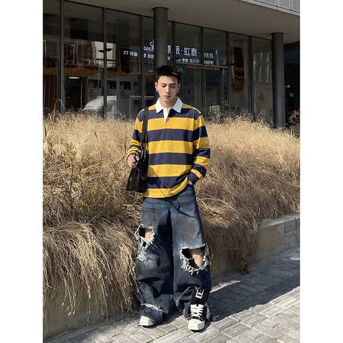 PLTH*撞色条纹Polo卫衣男潮宽松休闲长袖翻领美式复古百搭打底衫