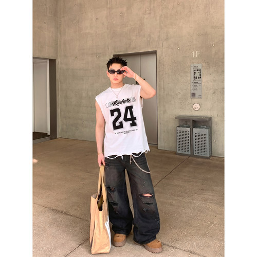 PLTH*街头风迷彩24号无袖T恤男夏季做旧破洞美式潮牌运动坎肩背心