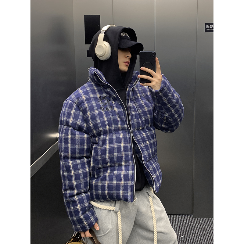 PLTH*冬季加厚保暖美式短款格纹骨外外套显瘦面包服男女同款棉服