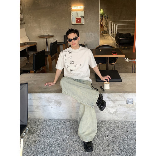 PLTH*夏季艺术感抽象岩画印花短袖男T恤小众设计宽松百搭潮牌上衣
