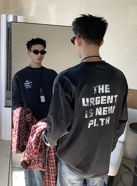 PLTH*美式简约重磅纯棉小领口长袖T恤男做旧字母印花宽松休闲上衣