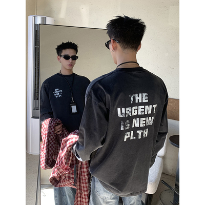 PLTH*美式简约重磅纯棉小领口长袖T恤男做旧字母印花宽松休闲上衣