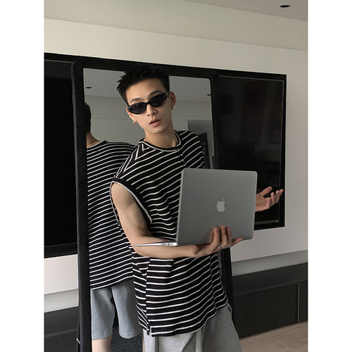 PLTH*韩版排扣圆领撞色条纹T恤潮流休闲坎肩打底复古上衣男女背心