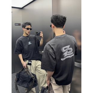 T恤男后背印花宽松落肩高街半袖 复古水洗做旧短袖 上衣潮 美式 PLTH