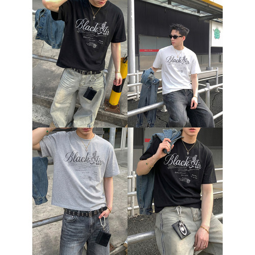PLTH*2026夏季新款美式街头风T恤男宽松复古手写体印花短袖潮牌男
