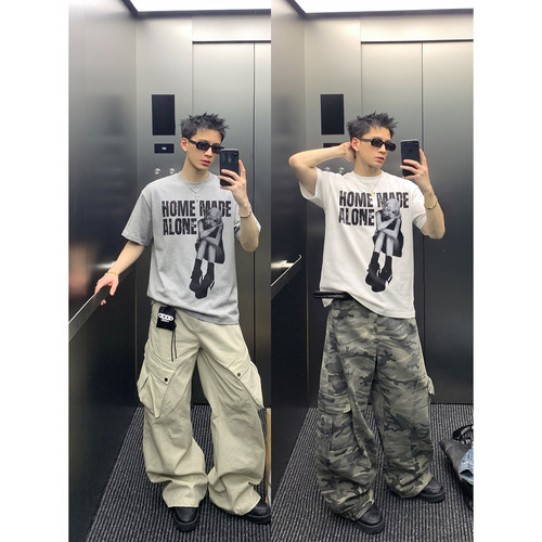 PLTH*美式复古重磅做旧嘻哈人像印花短袖男宽松高街做旧半袖T恤潮