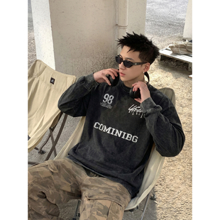 宽松印花上衣休闲百搭通勤打底衫 T恤男春季 潮 韩系慵懒风长袖 PLTH