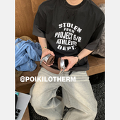 PLTH 街头宽松半袖 美式 复古小众不规则拼布假两件T恤男设计感短袖