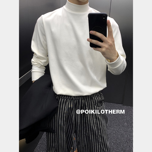 PLTH*韩版简约纯色德绒长袖T恤男高级感秋冬半高领打底衫内搭上衣