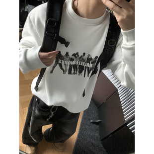 加厚圆领宽松美式 新品 复古休闲人像印花宽松保暖男卫衣 冬季 PLTH