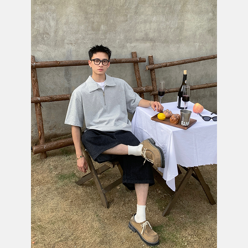 PLTH*美式复古简约拉链POLO领短袖T恤男宽松休闲百搭纯色打底半袖