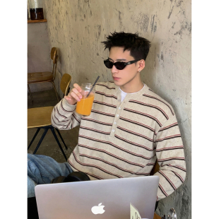 PLTH*美式复古亨利领条纹长袖T恤男春季叠穿休闲设计感小众打底衫