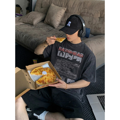 PLTH*美式复古Radiohead做旧水洗短袖男宽松高街潮牌做旧半袖T恤