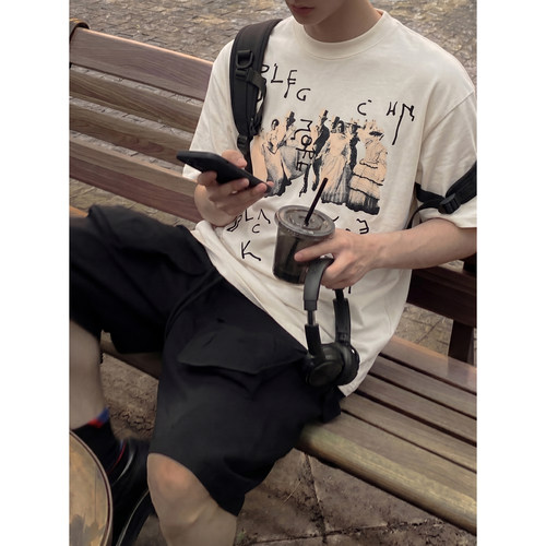PLTH*美式复古做旧人像印花短袖T恤男夏季宽松高街vintage半袖潮