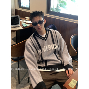 毛衣男 复古设计感V领撞色字母学院风慵懒翻领针织衫 PLTH 秋冬美式