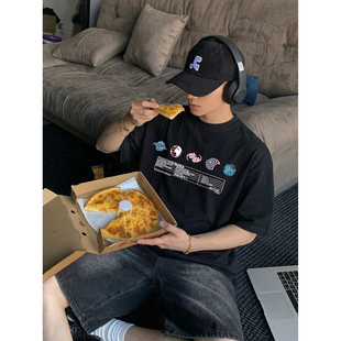 T恤男宽松休闲做旧水洗半袖 PLTH 复古高街印花短袖 美式 上衣潮 夏季