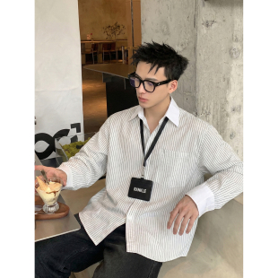 宽松衬衣休闲百搭叠穿条纹上衣潮 男春季 PLTH 韩系慵懒风条纹衬衫