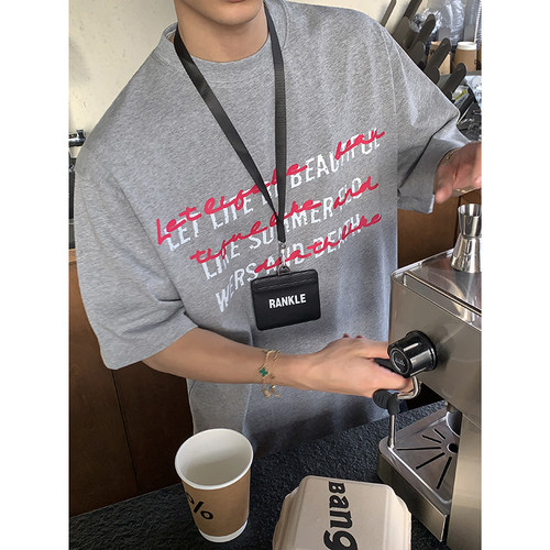 PLTH*美式复古撞色重叠字母印花半袖男夏季休闲慵懒风短袖T恤上衣