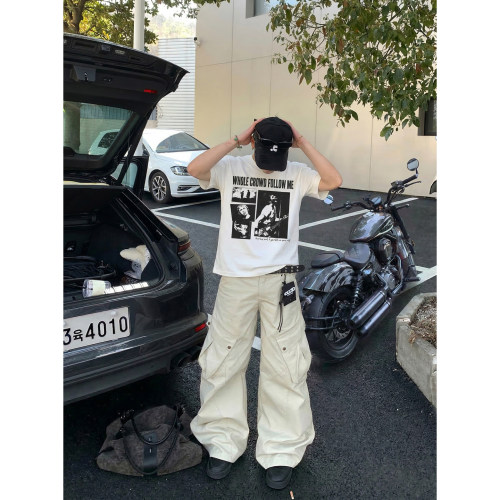 PLTH*美式高街夏季摇滚拼贴画印花通勤百搭男士短款正肩短袖T恤潮