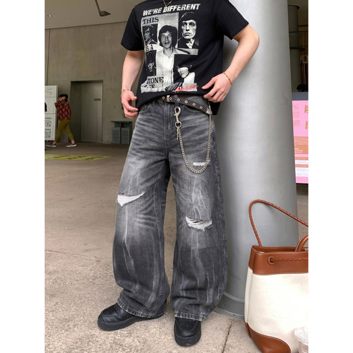 PLTH*美式高街黑灰破洞阔腿牛仔裤男潮牌直筒宽松水洗做旧长裤潮