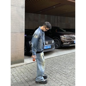 PLTH*春季韩版牛仔水洗做旧基础宽松男夹克直筒长裤休闲通勤外套
