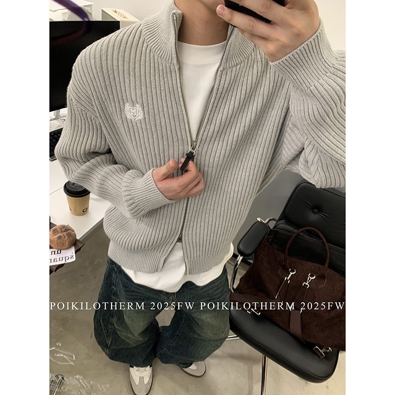 PLTH*韩版秋冬双拉链开衫毛衣男百搭复古提花针织立领上衣外套女