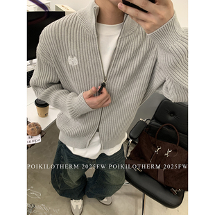 PLTH*韩版秋冬双拉链开衫毛衣男百搭复古提花针织立领上衣外套女