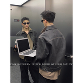 PLTH 老钱风手缝线设计原牛黑色牛仔外套男短款 cleanfit翻领夹克