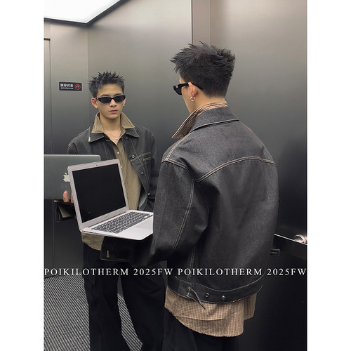 PLTH*老钱风手缝线设计原牛黑色牛仔外套男短款cleanfit翻领夹克