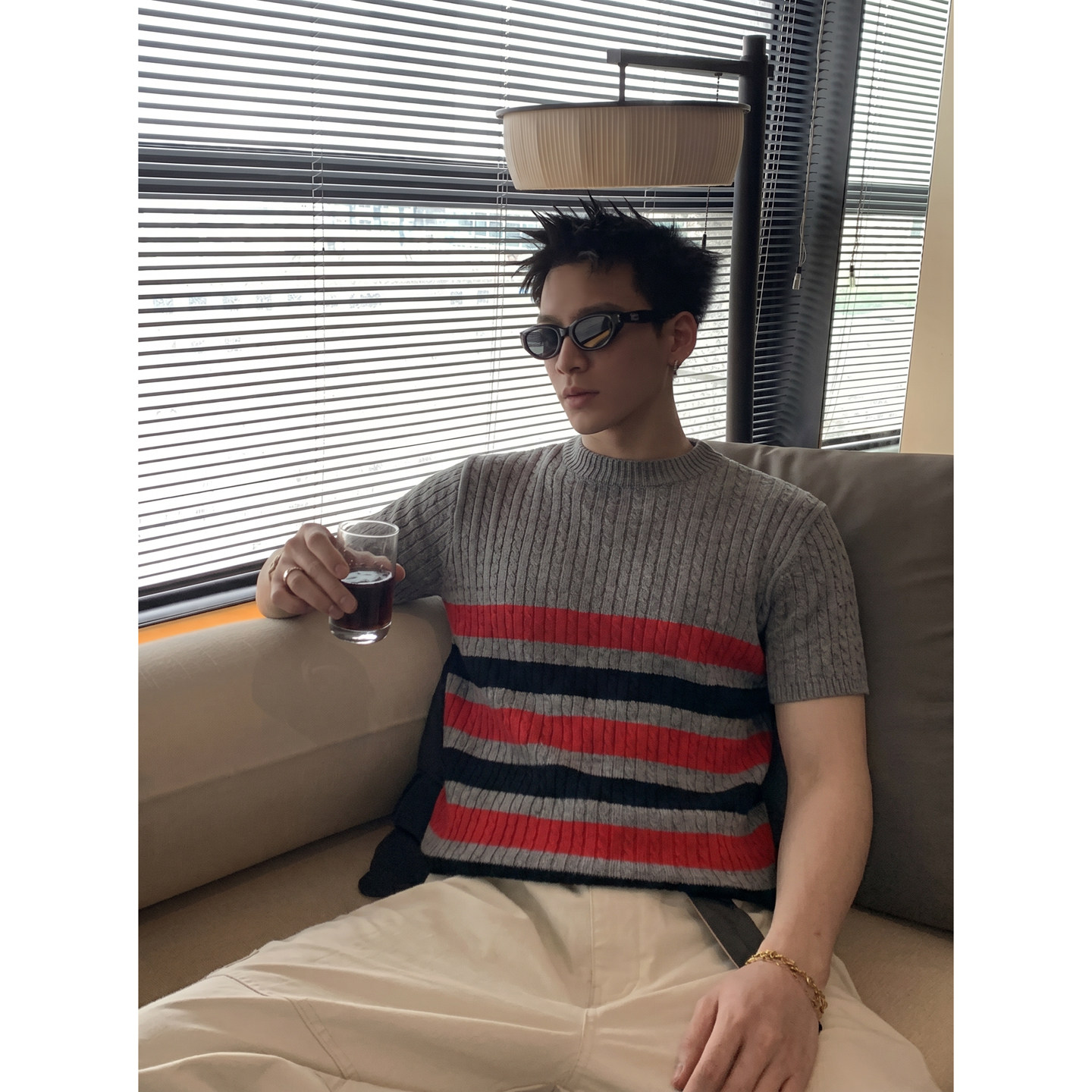 PLTH*夏季轻熟风麻花纹理条纹针织T恤男老钱风休闲圆领短袖上衣潮